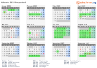Kalender 2025 mit Ferien und Feiertagen Burgenland