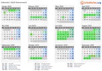Kalender 2025 mit Ferien und Feiertagen Steiermark