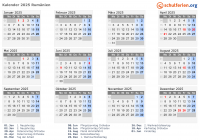 Kalender 2025 mit Ferien und Feiertagen Rumänien