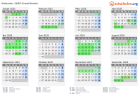 Kalender 2025 mit Ferien und Feiertagen Graubünden