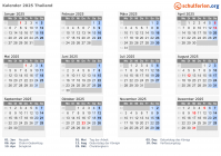 Kalender 2025 mit Ferien und Feiertagen Thailand