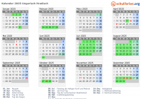 Kalender 2025 mit Ferien und Feiertagen Ungarisch Hradisch
