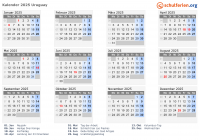 Kalender 2025 mit Ferien und Feiertagen Uruguay
