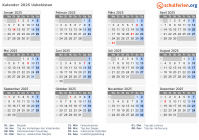 Kalender 2025 mit Ferien und Feiertagen Usbekistan