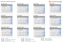 Kalender  mit Ferien und Feiertagen Armenien