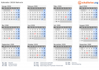 Kalender  mit Ferien und Feiertagen Bahrain