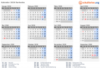 Kalender  mit Ferien und Feiertagen Barbados