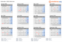 Kalender  mit Ferien und Feiertagen Bolivien