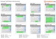 Kalender 2026 mit Ferien und Feiertagen Baden-Württemberg