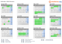 Kalender 2026 mit Ferien und Feiertagen Bremen