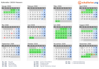 Kalender 2026 mit Ferien und Feiertagen Hessen