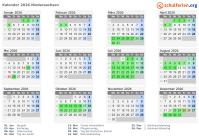 Kalender 2026 mit Ferien und Feiertagen Niedersachsen