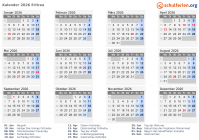 Kalender  mit Ferien und Feiertagen Eritrea