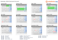 Kalender 2026 mit Ferien und Feiertagen Clermont-Ferrand