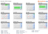Kalender 2026 mit Ferien und Feiertagen Limoges