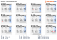 Kalender  mit Ferien und Feiertagen Großbritannien