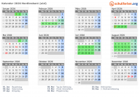 Kalender 2026 mit Ferien und Feiertagen Nordbrabant (süd)