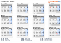 Kalender 2026 mit Ferien und Feiertagen Jamaika