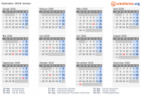 Kalender  mit Ferien und Feiertagen Jemen