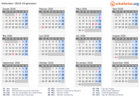 Kalender  mit Ferien und Feiertagen Kirgisistan