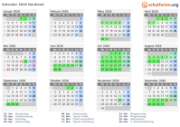Kalender 2026 mit Ferien und Feiertagen Nordland