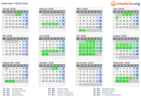 Kalender 2026 mit Ferien und Feiertagen Oslo
