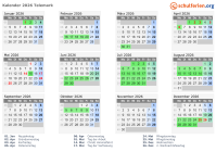Kalender 2026 mit Ferien und Feiertagen Telemark