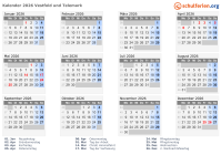 Kalender 2026 mit Ferien und Feiertagen Vestfold und Telemark