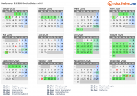 Kalender 2026 mit Ferien und Feiertagen Niederösterreich