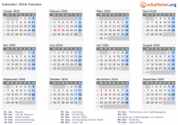 Kalender  mit Ferien und Feiertagen Panama