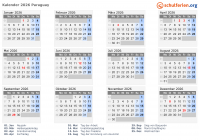 Kalender 2026 mit Ferien und Feiertagen Paraguay