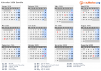 Kalender 2026 mit Ferien und Feiertagen Sambia