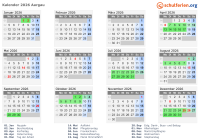 Kalender 2026 mit Ferien und Feiertagen Aargau