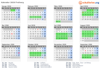 Kalender 2026 mit Ferien und Feiertagen Freiburg