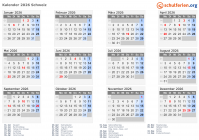 Kalender  mit Ferien und Feiertagen Schweiz