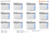 Kalender 2026 mit Ferien und Feiertagen Wallis