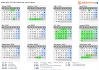 Kalender 2026 mit Ferien und Feiertagen Falkenau an der Eger
