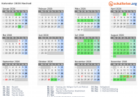 Kalender 2026 mit Ferien und Feiertagen Nachod