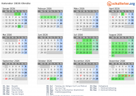 Kalender 2026 mit Ferien und Feiertagen Olmütz