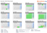 Kalender 2026 mit Ferien und Feiertagen Pilsen-Stadt