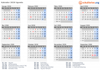 Kalender  mit Ferien und Feiertagen Uganda