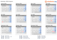 Kalender  mit Ferien und Feiertagen Ungarn