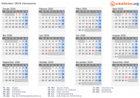 Kalender  mit Ferien und Feiertagen Venezuela