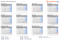 Kalender 2027 mit Ferien und Feiertagen Queensland