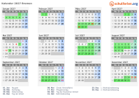 Kalender 2027 mit Ferien und Feiertagen Bremen