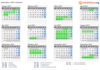 Kalender 2027 mit Ferien und Feiertagen Hessen