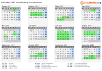 Kalender 2027 mit Ferien und Feiertagen Mecklenburg-Vorpommern