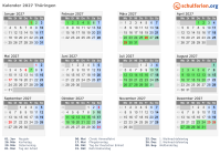 Kalender 2027 mit Ferien und Feiertagen Thüringen