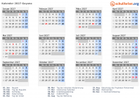 Kalender 2027 mit Ferien und Feiertagen Guyana