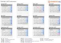 Kalender 2027 mit Ferien und Feiertagen Indonesien